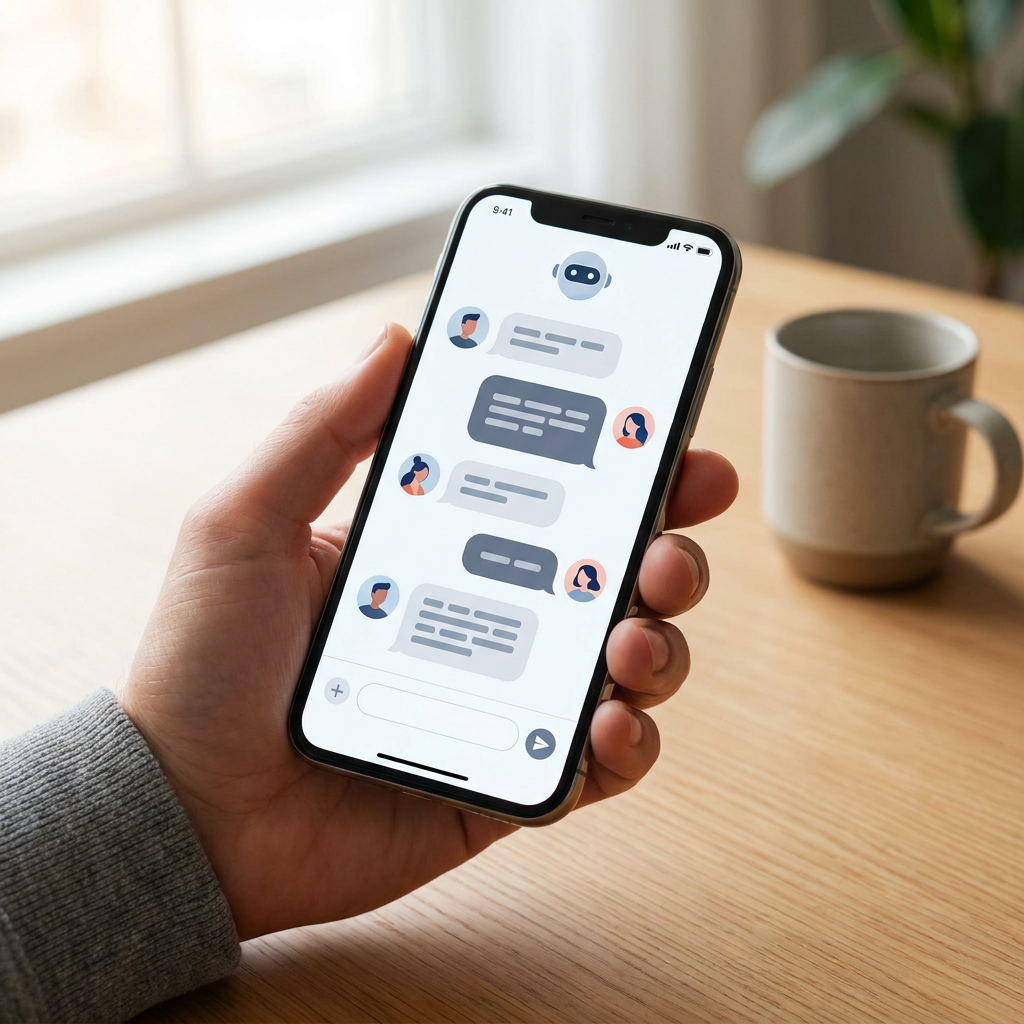 Smartphone com chat IA — presença online